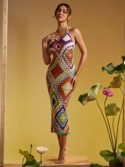 Cover-ups|Swimwear*Mew Mews Fashion Monroe Spaghetti Printed Hollow Knitted Dress