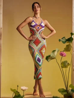 Cover-ups|Swimwear*Mew Mews Fashion Monroe Spaghetti Printed Hollow Knitted Dress