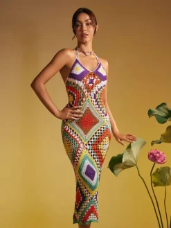 Cover-ups|Swimwear*Mew Mews Fashion Monroe Spaghetti Printed Hollow Knitted Dress