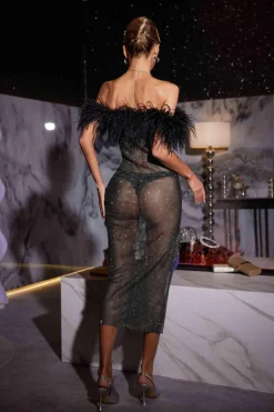 Dresses*Mew Mews Fashion O/S Myriam Feather Diamond Mesh Midi Dress