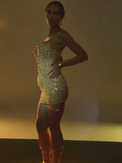 Embellishment|Dresses*Embellishment Mystica Strapless Rhinestone Fringe Mini Dress In Gold