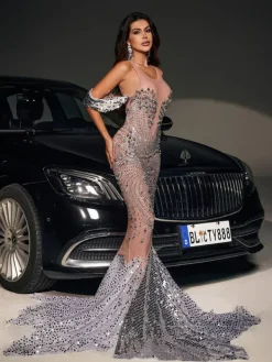 Dresses|Maxi Dresses*Jiu Bajia O/S Nasima Rhinestone Mermaid Maxi Dress