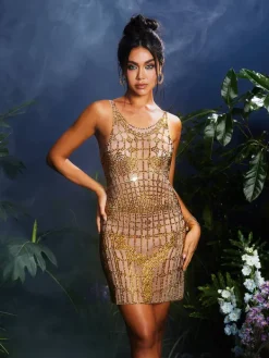 Dresses|Mini Dresses*Jiu Bajia O/S Natane Round Neck Rhinestone Mini Dress In Yellow