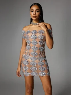 Dresses|Mini Dresses*Jiu Bajia O/S Natosha Off Shoulder Floral Crystal Mini Dress