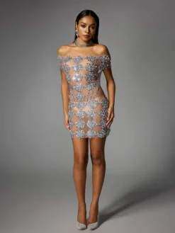 Dresses|Mini Dresses*Jiu Bajia O/S Natosha Off Shoulder Floral Crystal Mini Dress