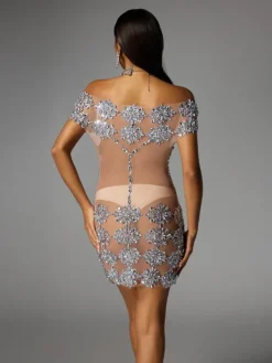 Dresses|Mini Dresses*Jiu Bajia O/S Natosha Off Shoulder Floral Crystal Mini Dress