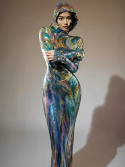 Embellishment|Dresses*Embellishment Nebraska Ombre Long Sleeve Hooded Maxi Dress In Blue