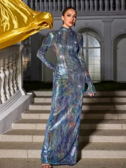 Embellishment|Dresses*Embellishment Nebraska Ombre Long Sleeve Hooded Maxi Dress In Blue