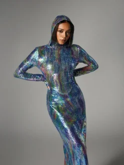 Embellishment|Dresses*Embellishment Nebraska Ombre Long Sleeve Hooded Maxi Dress In Blue