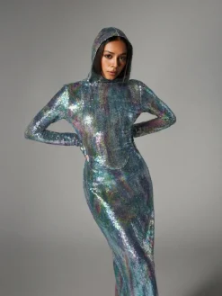 Embellishment|Dresses*Embellishment Nebraska Ombre Long Sleeve Hooded Maxi Dress In Light Blue