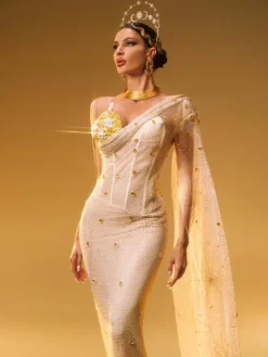 Embellishment|Dresses*Embellishment Nebulae One Shoulder Rhinestone Maxi Dress