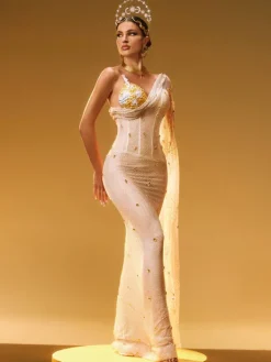 Embellishment|Dresses*Embellishment Nebulae One Shoulder Rhinestone Maxi Dress