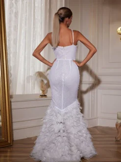 Embellishment|Dresses*Lu Yili Nele Spaghetti Feather Trimmed Mermaid Maxi Dress