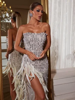 Embellishment|Dresses*Embellishment Nelya Strapless Feather Embellished Spilit Dress