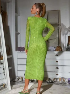 Dresses*Mew Mews Fashion Neriah Long Sleeve Crystal Midi Dress In Green