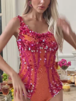 Bodysuits|Tops*Embellishment Nero Seashell Rhinestone Bodysuit In Red