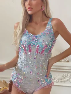 Bodysuits|Tops*Embellishment Nero Seashell Rhinestone Fringe Bodysuit In Multi