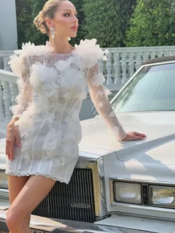 Embellishment|Dresses*Lu Yili Nexara Long Sleeve Flower Trimmed Mini Dress