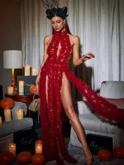 Embellishment|Dresses*Embellishment Niam High Collar Tulle Dress In Red