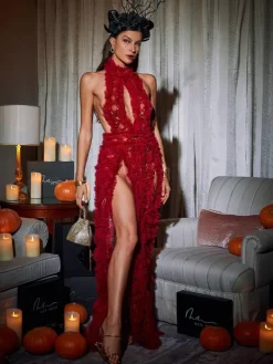 Embellishment|Dresses*Embellishment Niam High Collar Tulle Dress In Red