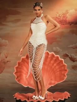 Beaded Wear|Dresses*Mew Mews Fashion O/S Nicola Halterneck Pearl Fringe Maxi Dress