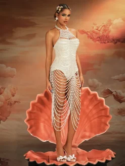 Beaded Wear|Dresses*Mew Mews Fashion O/S Nicola Halterneck Pearl Fringe Maxi Dress