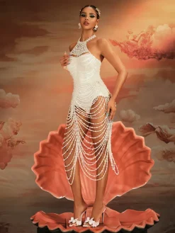 Beaded Wear|Dresses*Mew Mews Fashion O/S Nicola Halterneck Pearl Fringe Maxi Dress