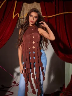 Tops*Mew Mews Fashion Nyx Backless Circle Cutout Fringe Top In Brown