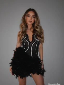 Embellishment|Dresses*Embellishment Nyxie Rhinestone Feather Trimmed Mini Dress In Black