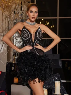 Embellishment|Dresses*Embellishment Nyxie Rhinestone Feather Trimmed Mini Dress In Black