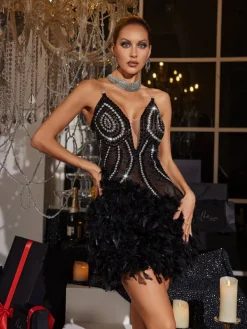 Embellishment|Dresses*Embellishment Nyxie Rhinestone Feather Trimmed Mini Dress In Black