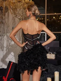 Embellishment|Dresses*Embellishment Nyxie Rhinestone Feather Trimmed Mini Dress In Black