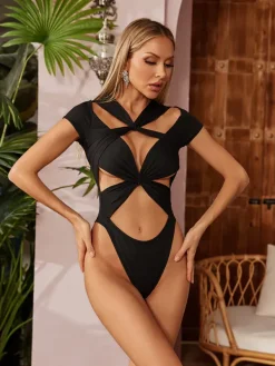 Swimwear*Mew Mews Fashion Obsidian Twisted Hollow Bodysuit