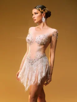Bodysuits|Tops*W Jia Octorber Long Sleeve Crystal Fringe Bodysuit