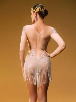 Bodysuits|Tops*W Jia Octorber Long Sleeve Crystal Fringe Bodysuit