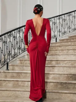 Dresses|Maxi Dresses*Mew Mews Fashion Ofir V Neck Ruched Maxi Dress In Wine