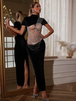 Embellishment|Dresses*Embellishment Olday Crystal Chain Velvet Dress