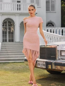 Dresses|Midi Dresses*Bandage Olythia One Shoulder Fringe Midi Dress In Dusty Pink