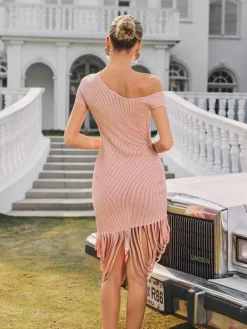 Dresses|Midi Dresses*Bandage Olythia One Shoulder Fringe Midi Dress In Dusty Pink