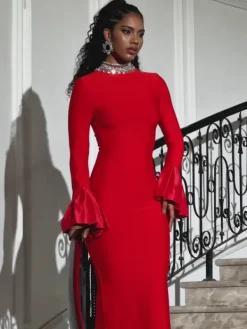 Dresses|Maxi Dresses*Bandage Omer Rhinestone Dress In Red