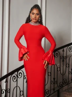 Dresses|Maxi Dresses*Bandage Omer Rhinestone Dress In Red
