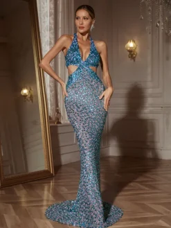 Embellishment|Dresses*Embellishment Orenthal Halterneck Rhinestone Cutout Maxi Dress