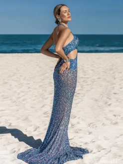 Embellishment|Dresses*Embellishment Orenthal Halterneck Rhinestone Cutout Maxi Dress