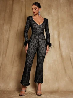 Jumpsuits & Romper*Mew Mews Fashion Orwell Long Sleeve Feather Jumpsuit