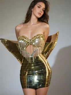 Dresses|Mini Dresses*Jiu Bajia O/S Osorio Rhinestone Fringe Metallic Skirt Set