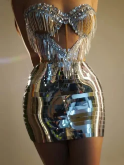Dresses|Mini Dresses*Jiu Bajia O/S Osorio Rhinestone Fringe Metallic Skirt Set