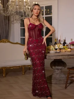 Dresses|Maxi Dresses*Mew Mews Fashion Ottis Sequin Fringe Maxi Dress In Red