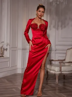Dresses|Maxi Dresses*Mew Mews Fashion Ozuru Long Sleeve Flower Satin Dress