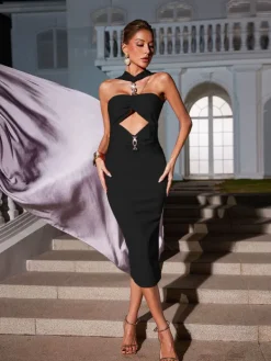 Dresses|Midi Dresses*Bandage Ozzie Cutout Ruched Dress In Black