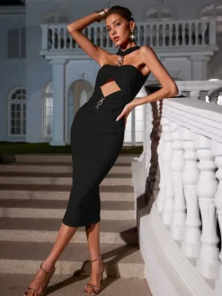Dresses|Midi Dresses*Bandage Ozzie Cutout Ruched Dress In Black